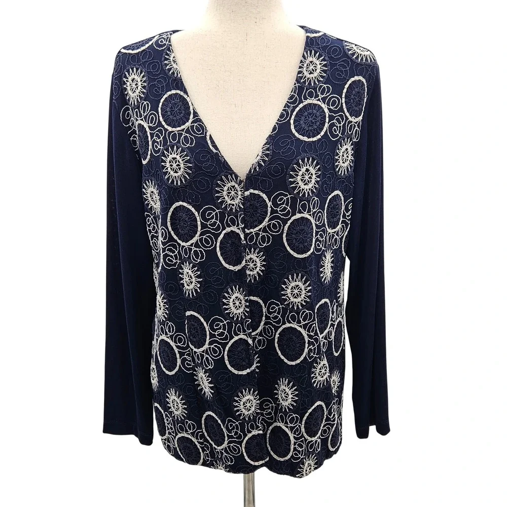 Navy Blue Embroidered Mesh Front Hook‎ and Eye Cardigan Long Sleeve V-Neck